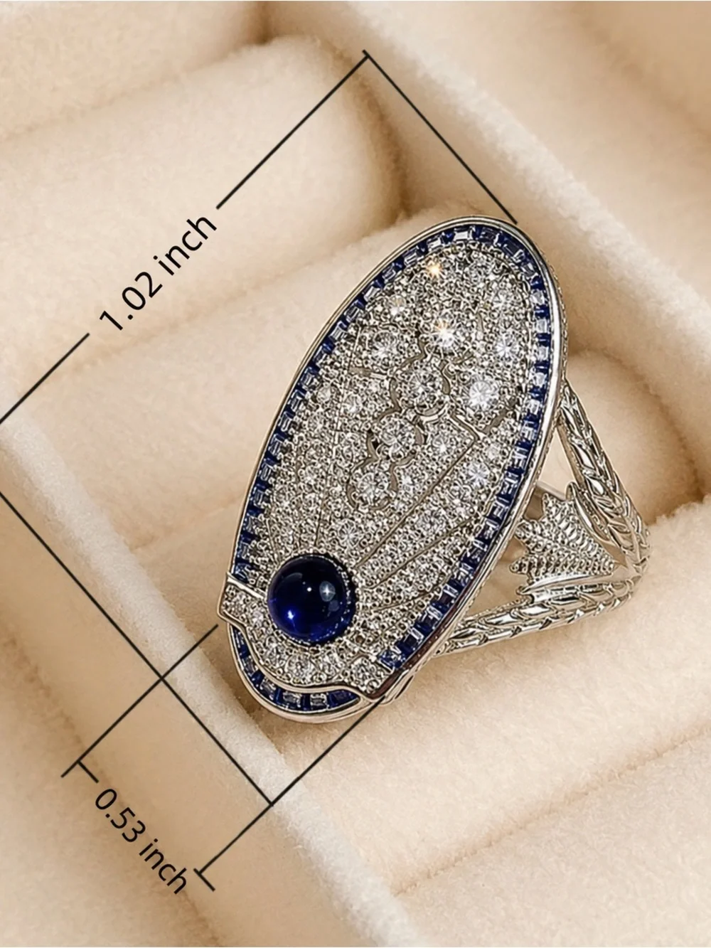 Anthropologie Art Deco Style Blue Cabochon Pavé Crystal Statement Ring Size 7
